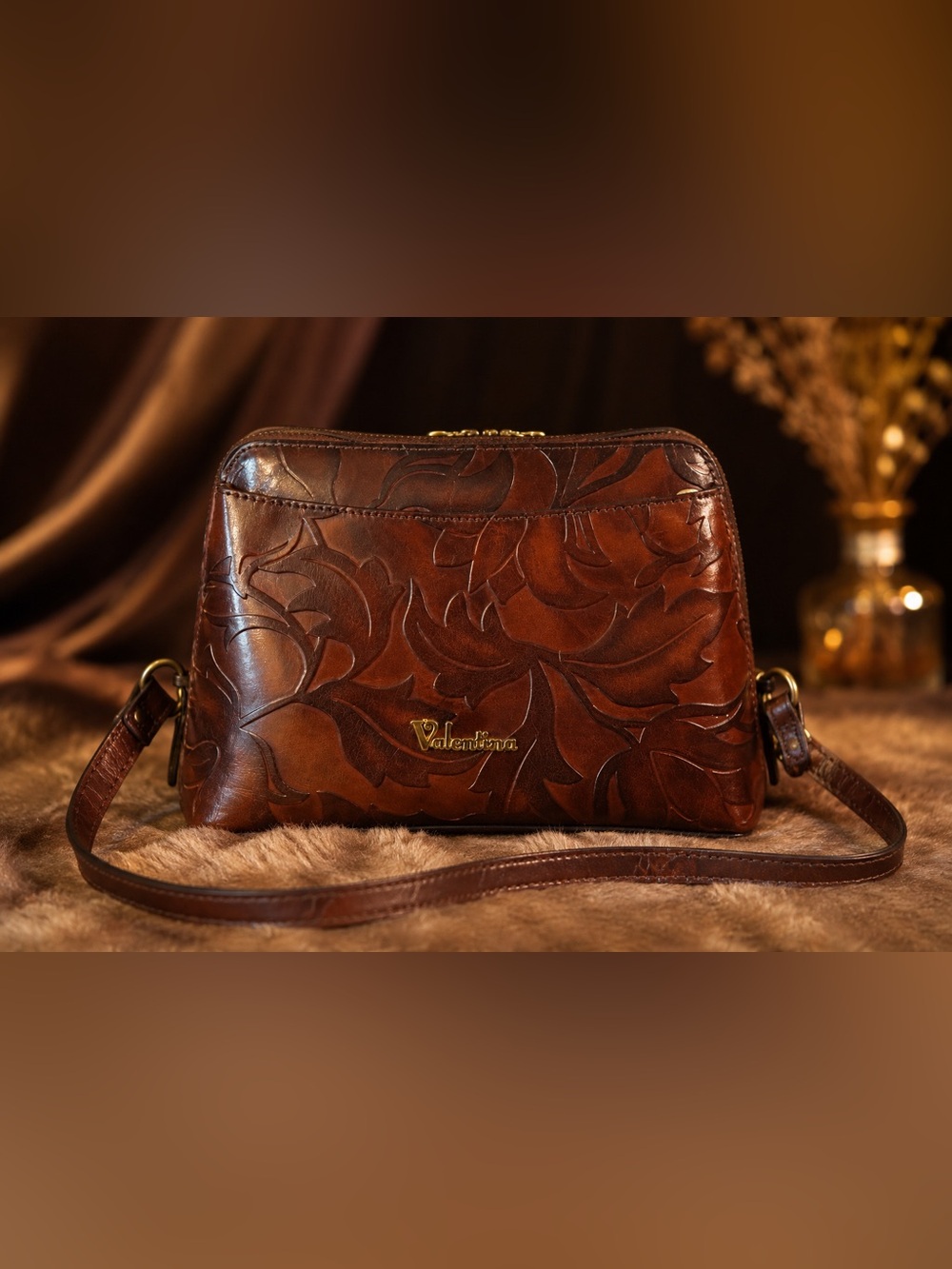 Valentina Brown Embossed Floral Leather Shoulder Bag